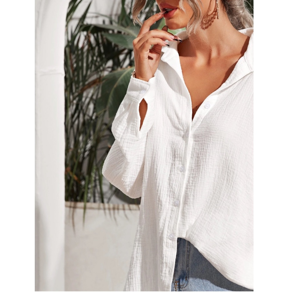 Cotton White Casual Shirt Button Down Up Long Sleeve - Picture 12 of 13